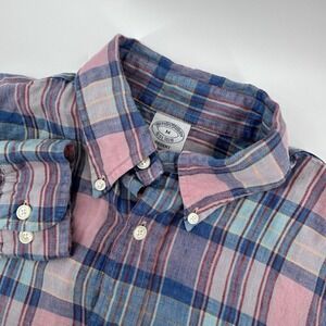 Brooks Brothers Mens Medium Pink Plaid Irish Linen Long Sleeve Button Down Shirt